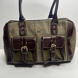 Vintage 90s ETIENNE AIGNER Large Wool Leather Suede Satchel Bag Handbag Plaid